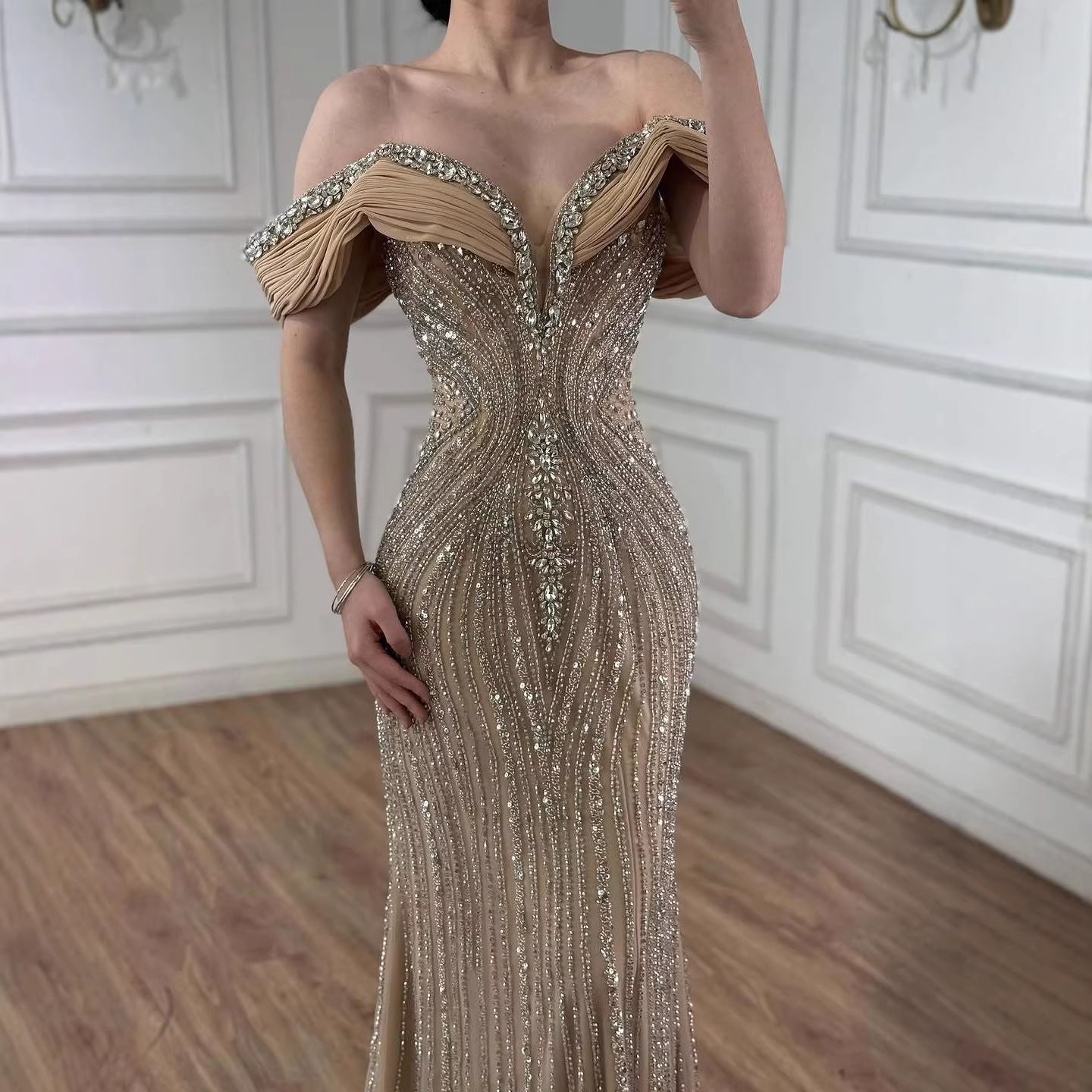 Luxury Gold Crystal Beaded Mermaid Evening Dress LA73142