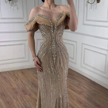 Luxury Gold Crystal Beaded Mermaid Evening Dress LA73142