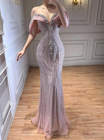 Luxury Gold Crystal Beaded Mermaid Evening Dress LA73142