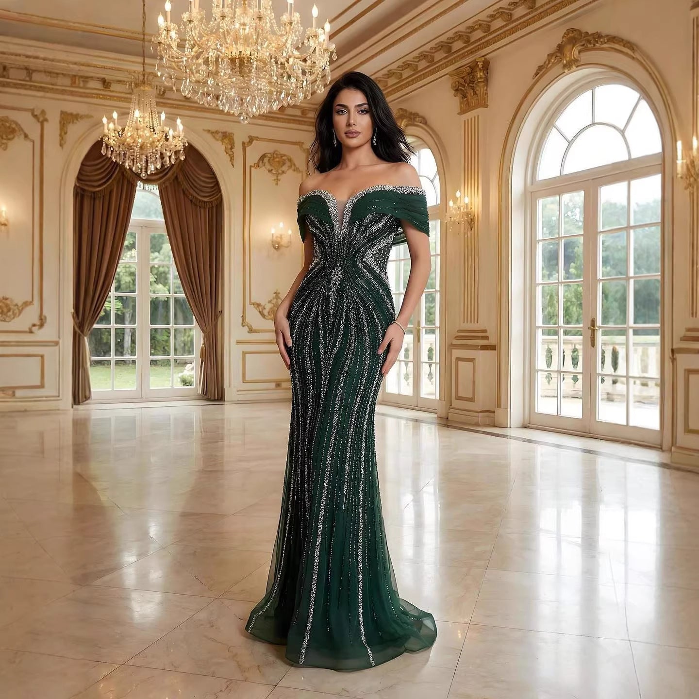Luxuriöses saudi-arabisches Gold- und Kristallperlen-Meerjungfrauen-Abendkleid LA73142A 