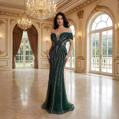 Luxuriöses saudi-arabisches Gold- und Kristallperlen-Meerjungfrauen-Abendkleid LA73142A 
