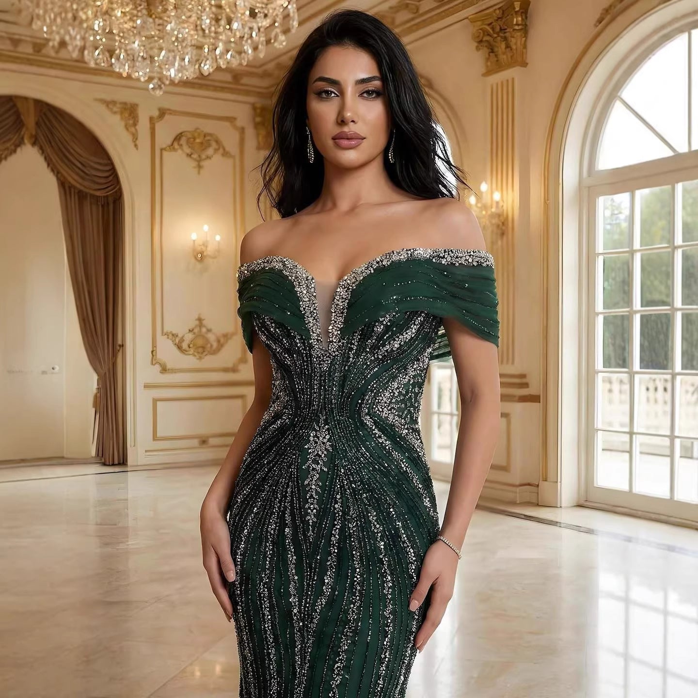 Luxuriöses saudi-arabisches Gold- und Kristallperlen-Meerjungfrauen-Abendkleid LA73142A 