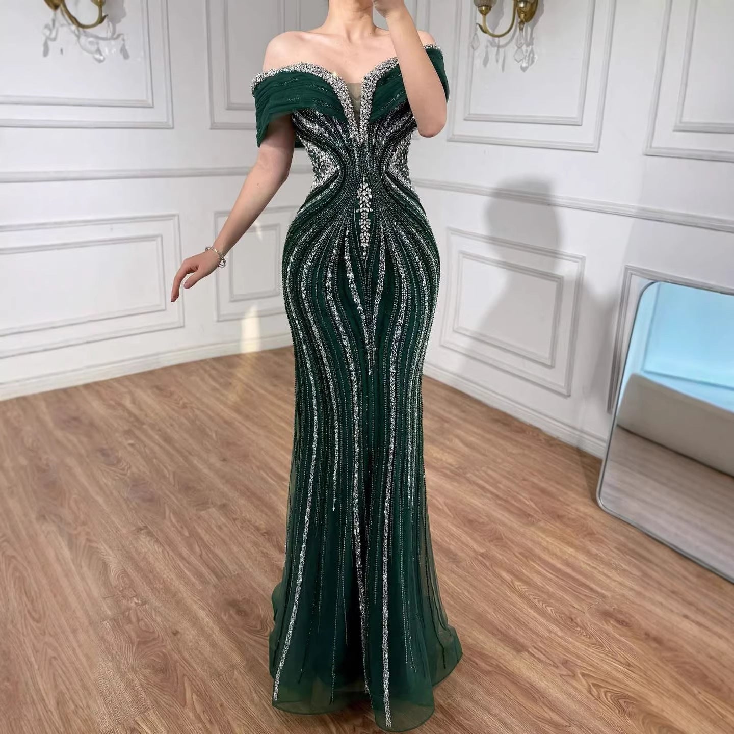 Luxuriöses saudi-arabisches Gold- und Kristallperlen-Meerjungfrauen-Abendkleid LA73142A 