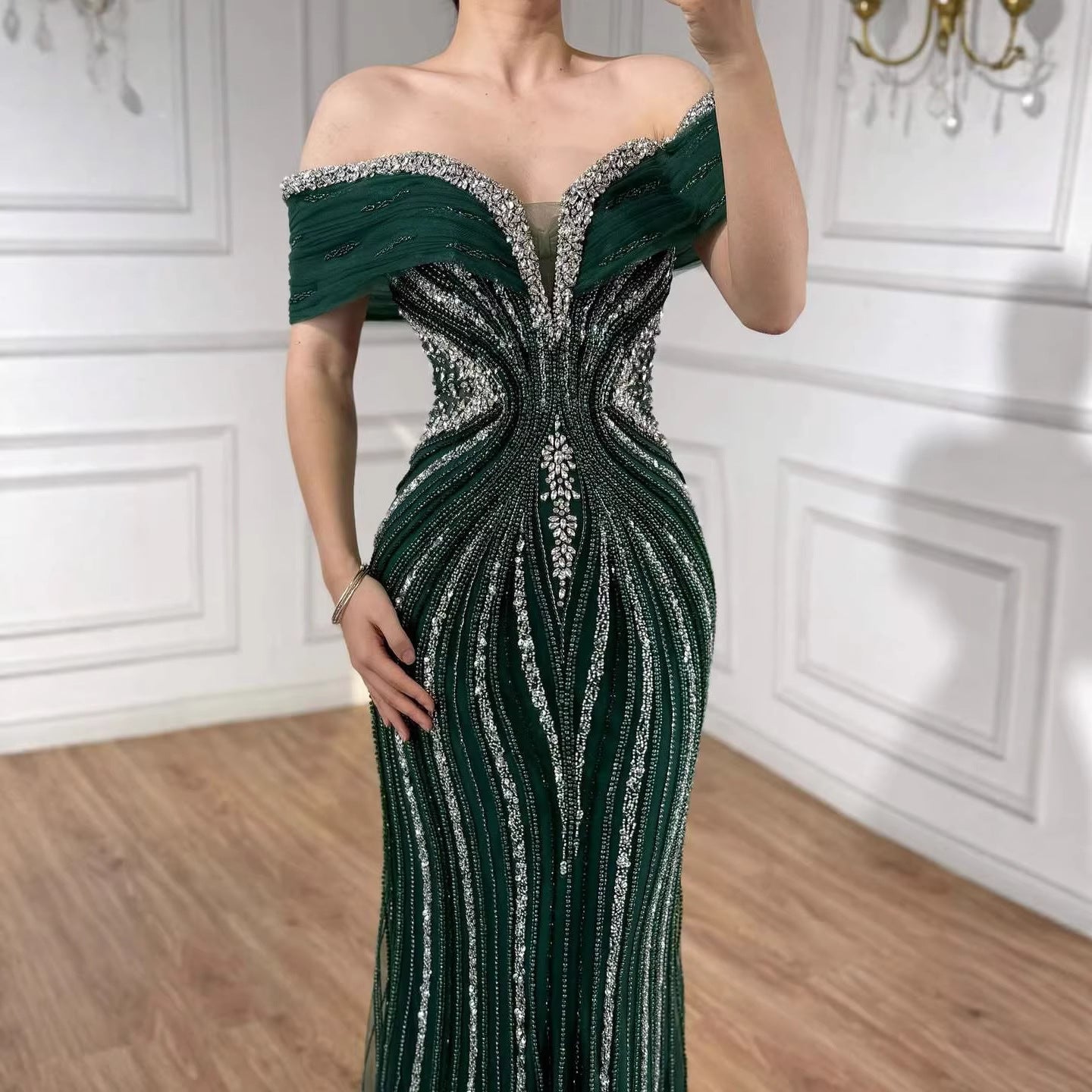 Luxuriöses saudi-arabisches Gold- und Kristallperlen-Meerjungfrauen-Abendkleid LA73142A 