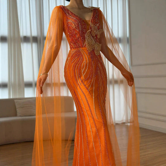 Luxury Orange Cap Sleeves V Neck Beaded Mermaid Evening Dress LA73146