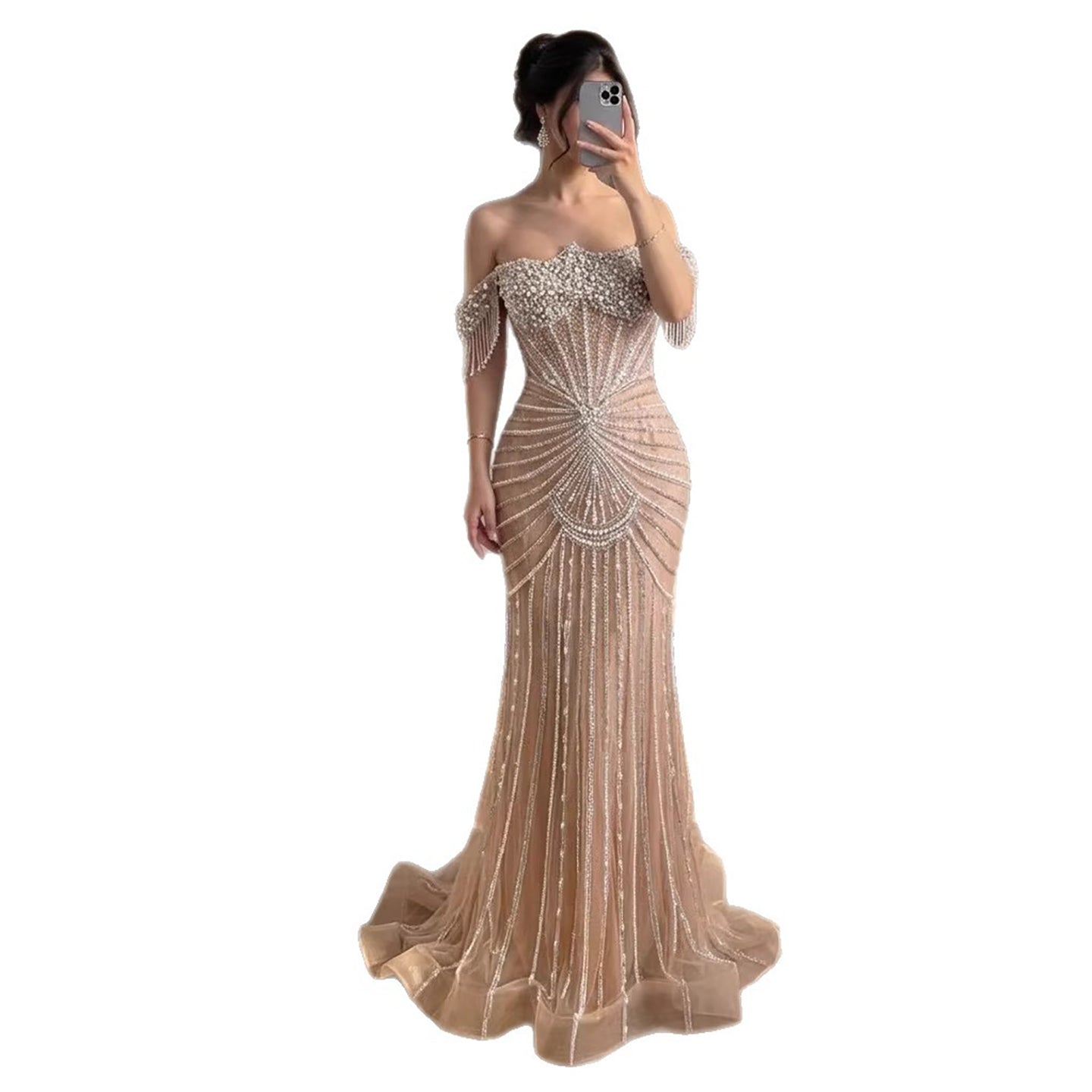 Luxury Nude Pearls Beaded Mermaid Evening Dress Off Shoulder LA73148A