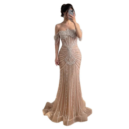 Luxury Nude Pearls Beaded Mermaid Evening Dress Off Shoulder LA73148A