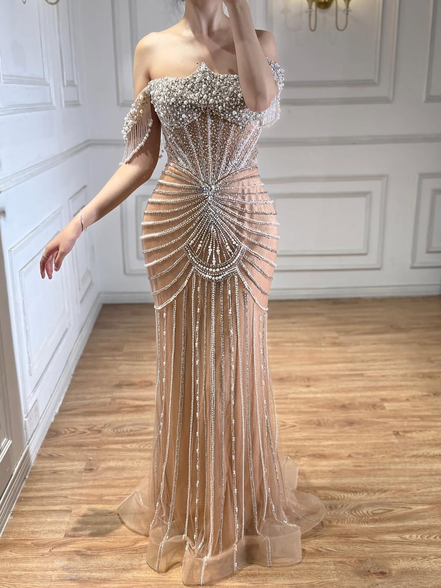 Luxury Nude Pearls Beaded Mermaid Evening Dress Off Shoulder LA73148A