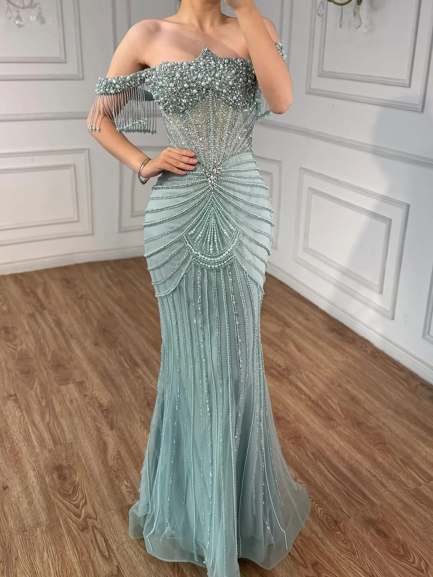 Luxury Nude Pearls Beaded Mermaid Evening Dress Off Shoulder LA73148A