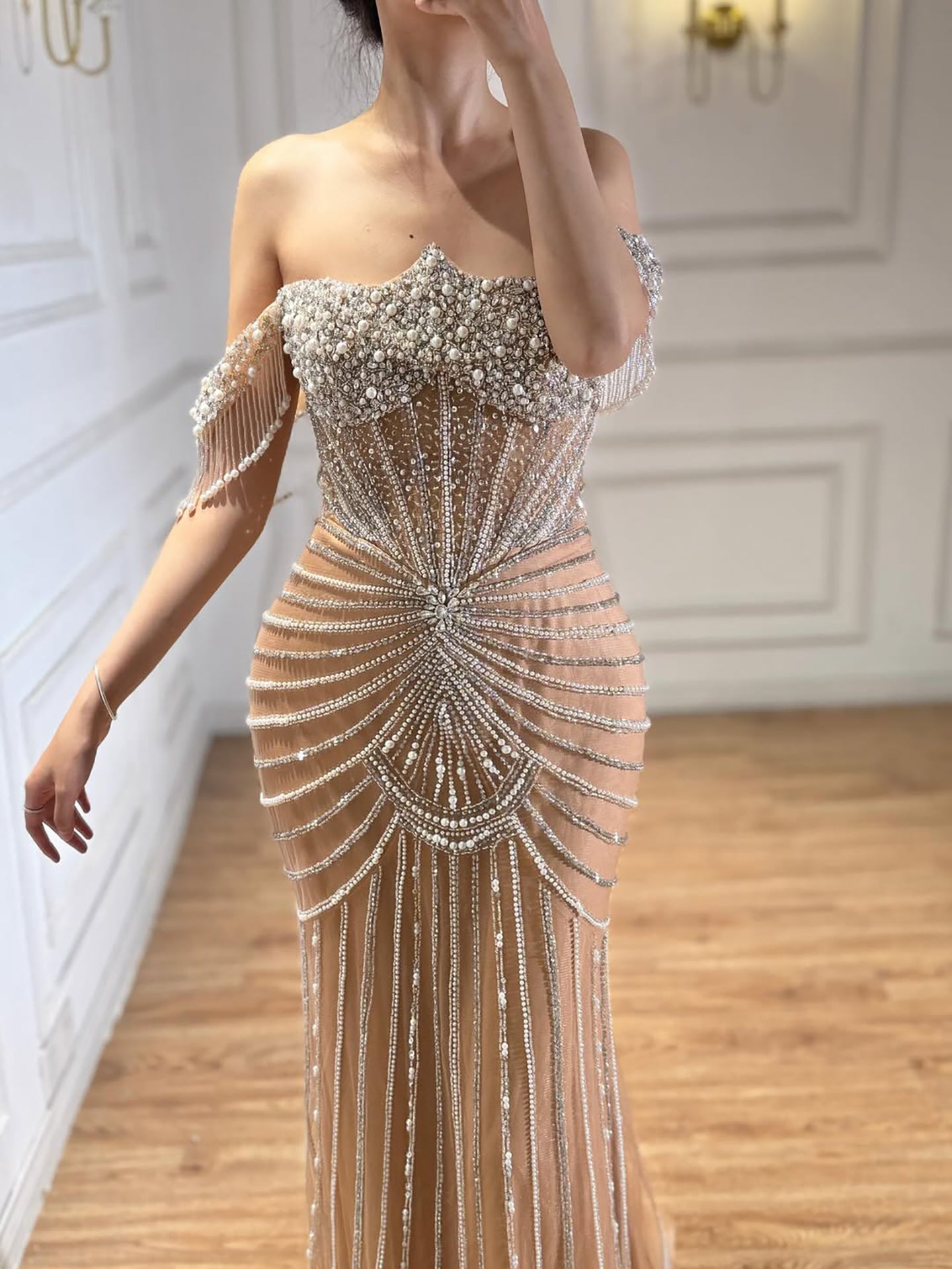 Luxury Nude Pearls Beaded Mermaid Evening Dress Off Shoulder LA73148A