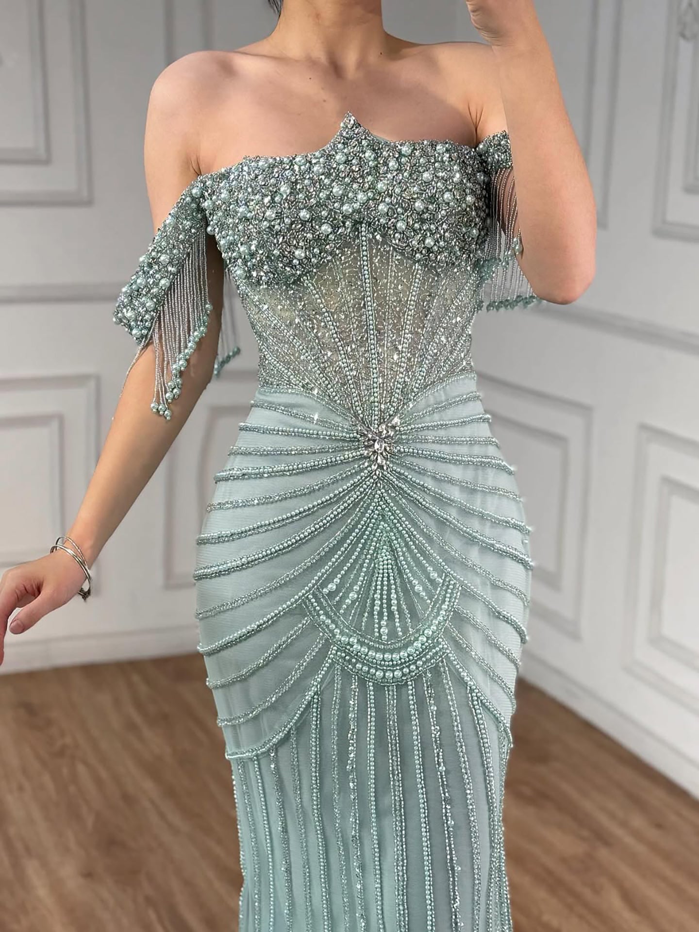 Luxury Nude Pearls Beaded Mermaid Evening Dress Off Shoulder LA73148A