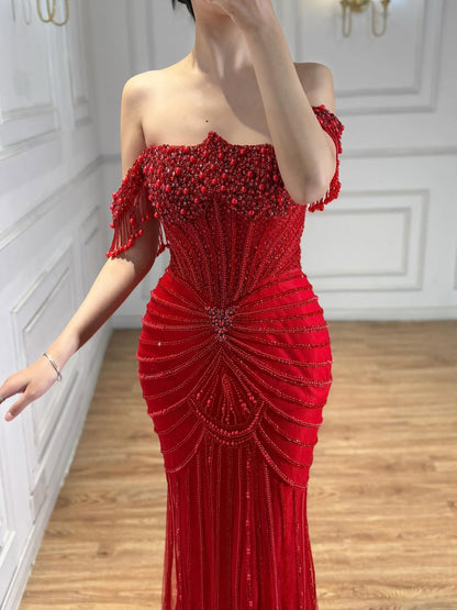Luxury Nude Pearls Beaded Mermaid Evening Dress Off Shoulder LA73148A