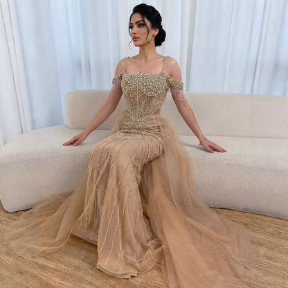 Luxury Nude Pearls Beaded Mermaid Evening Dress Off Shoulder With Skirt LA73148B