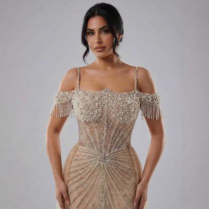 Luxury Nude Pearls Beaded Mermaid Evening Dress Off Shoulder With Skirt LA73148B