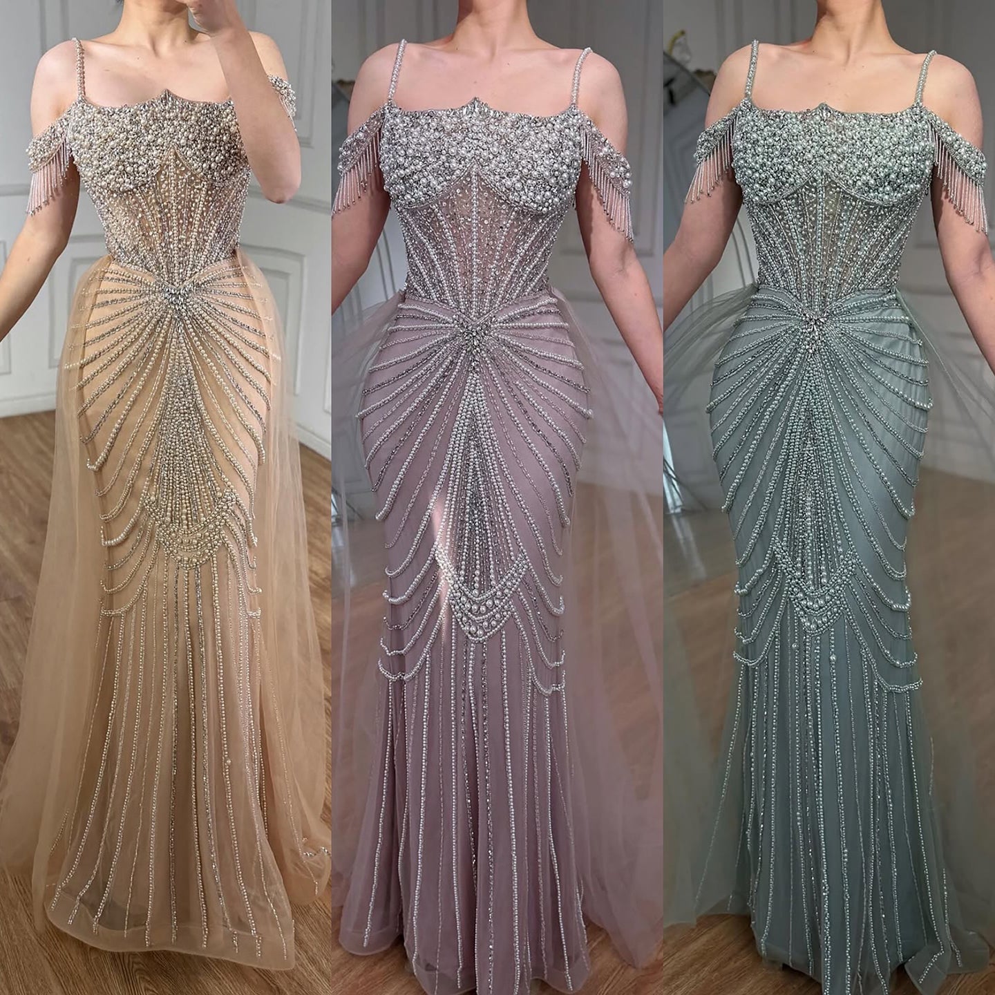 Luxury Nude Pearls Beaded Mermaid Evening Dress Off Shoulder With Skirt LA73148B