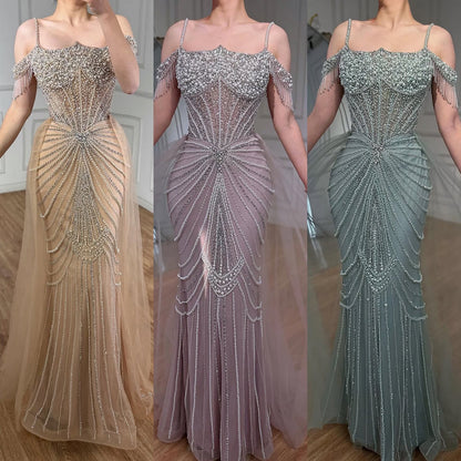 Luxury Nude Pearls Beaded Mermaid Evening Dress Off Shoulder With Skirt LA73148B