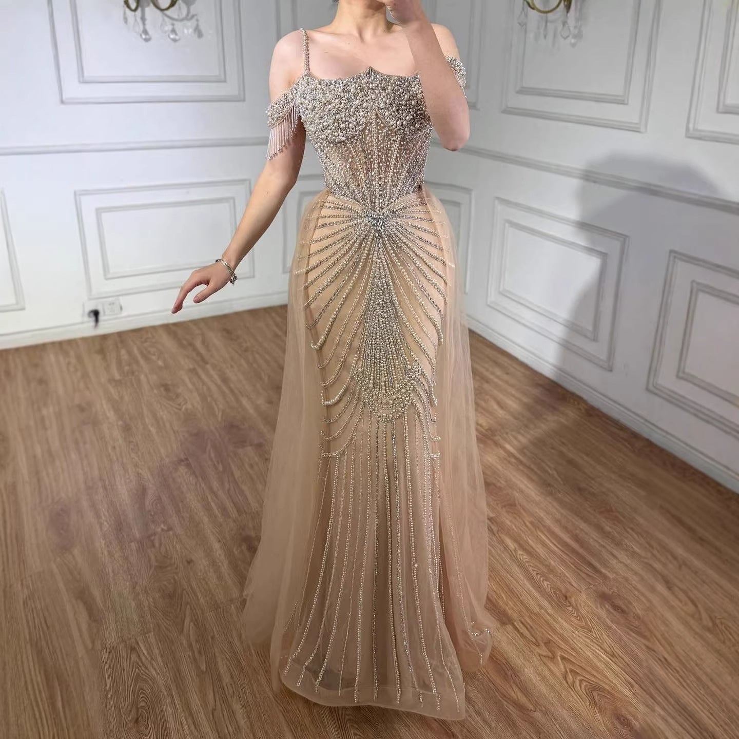 Luxury Nude Pearls Beaded Mermaid Evening Dress Off Shoulder With Skirt LA73148B