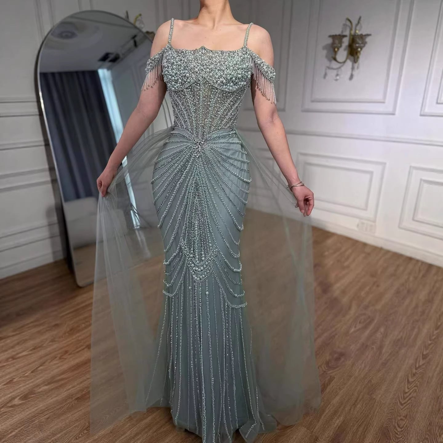 Luxury Nude Pearls Beaded Mermaid Evening Dress Off Shoulder With Skirt LA73148B