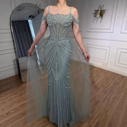 Luxury Nude Pearls Beaded Mermaid Evening Dress Off Shoulder With Skirt LA73148B