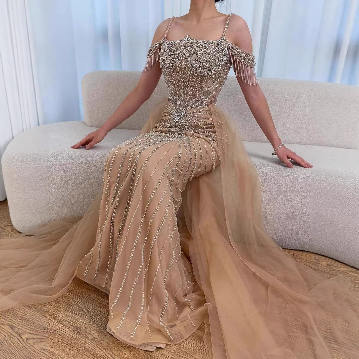 Luxury Nude Pearls Beaded Mermaid Evening Dress Off Shoulder With Skirt LA73148B