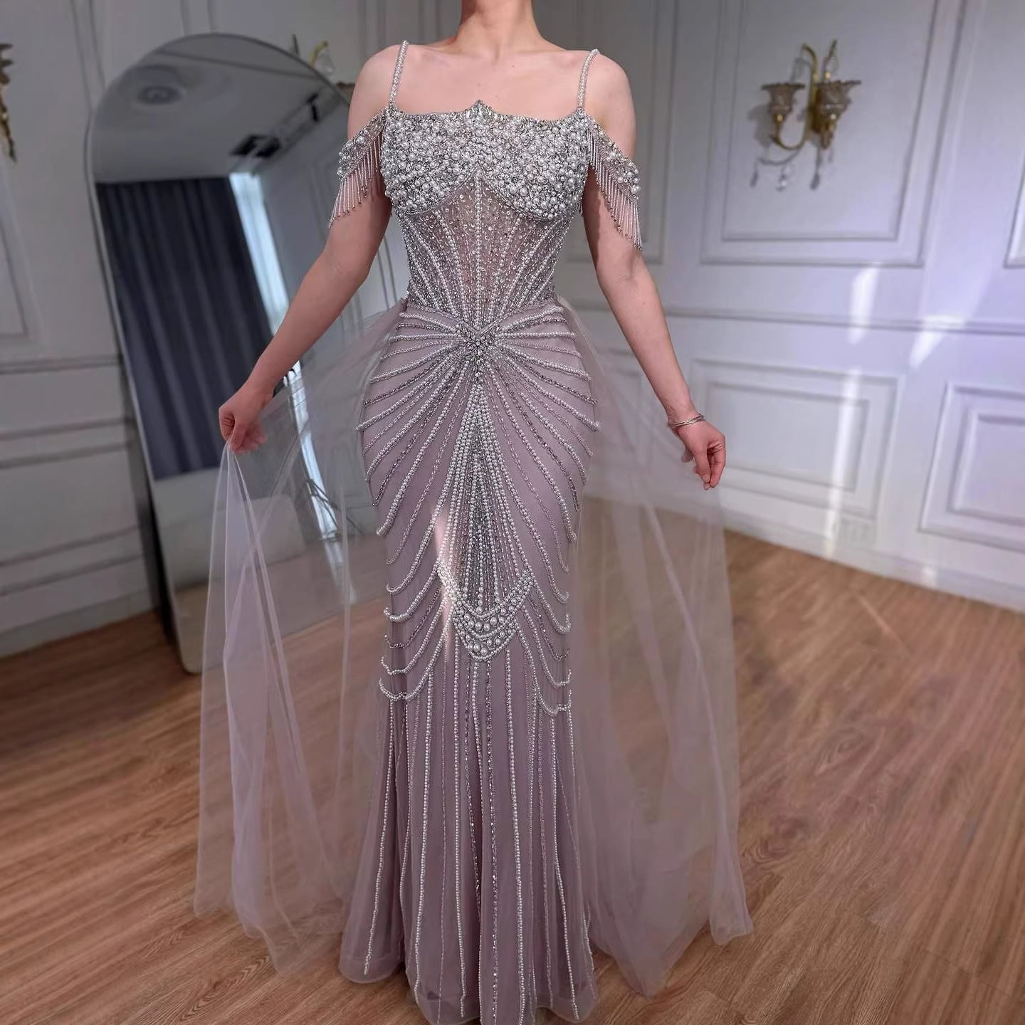 Luxury Nude Pearls Beaded Mermaid Evening Dress Off Shoulder With Skirt LA73148B