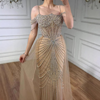 Luxury Nude Pearls Beaded Mermaid Evening Dress Off Shoulder With Skirt LA73148B