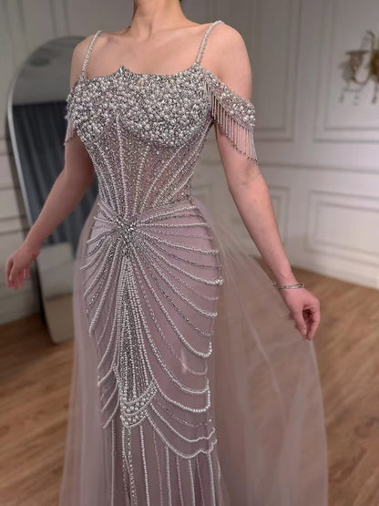 Luxury Nude Pearls Beaded Mermaid Evening Dress Off Shoulder With Skirt LA73148B