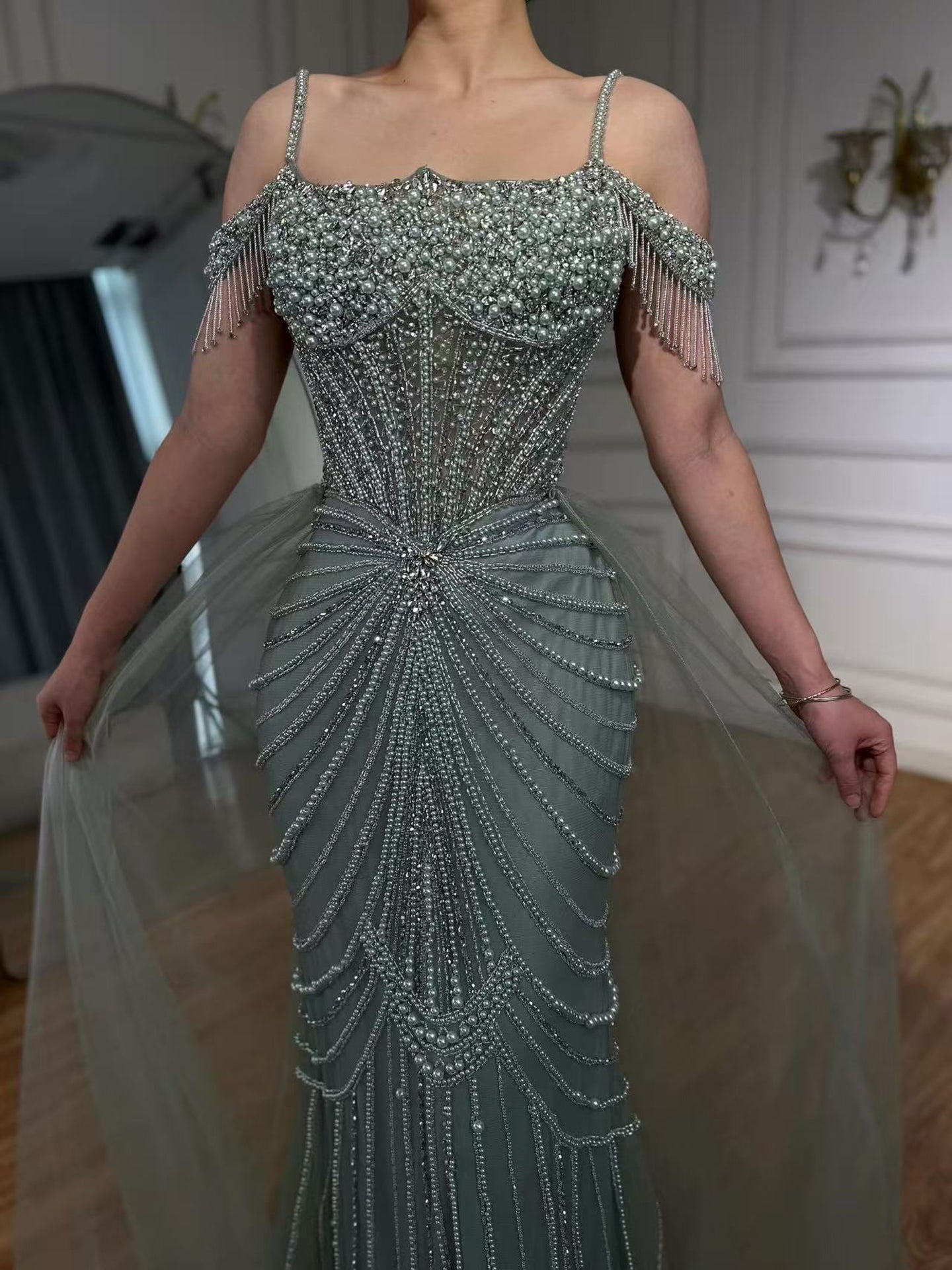 Luxury Nude Pearls Beaded Mermaid Evening Dress Off Shoulder With Skirt LA73148B