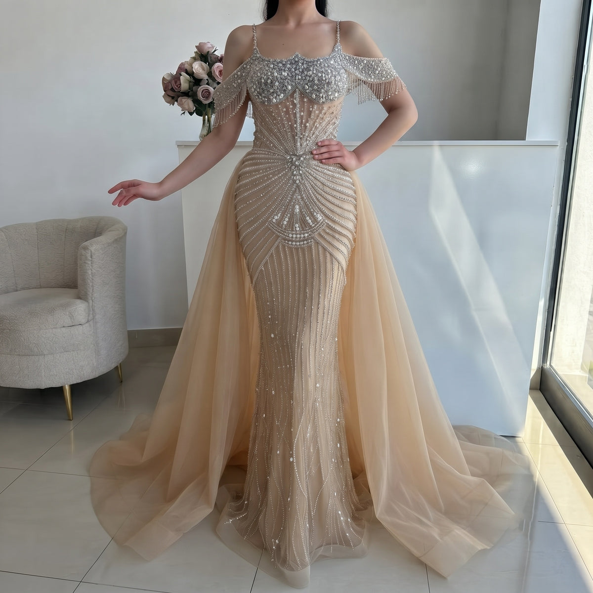Luxury Nude Pearls Beaded Off Shoulder Mermaid Evening Dress LA73148D