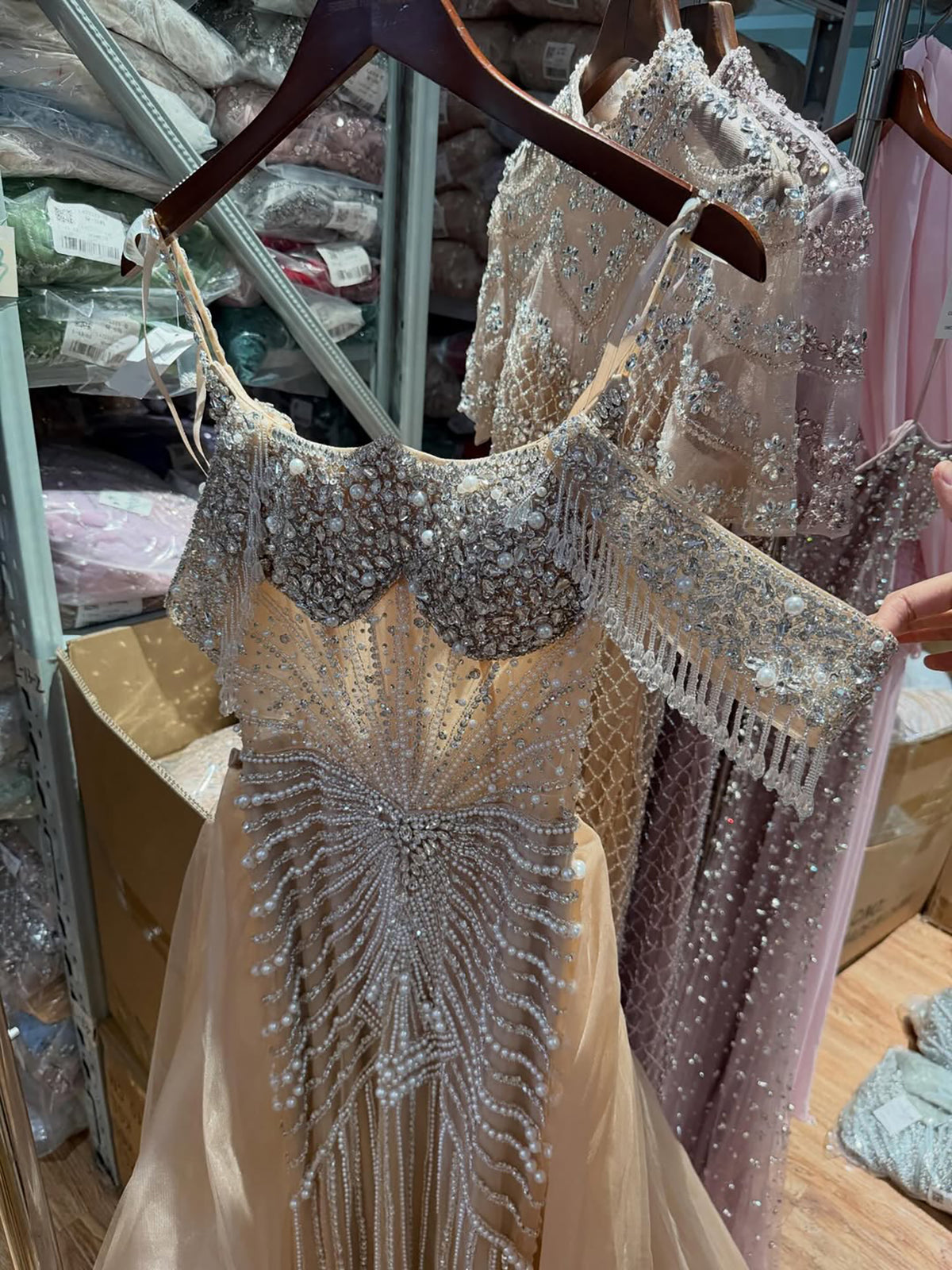 Luxury Nude Pearls Beaded Off Shoulder Mermaid Evening Dress LA73148D