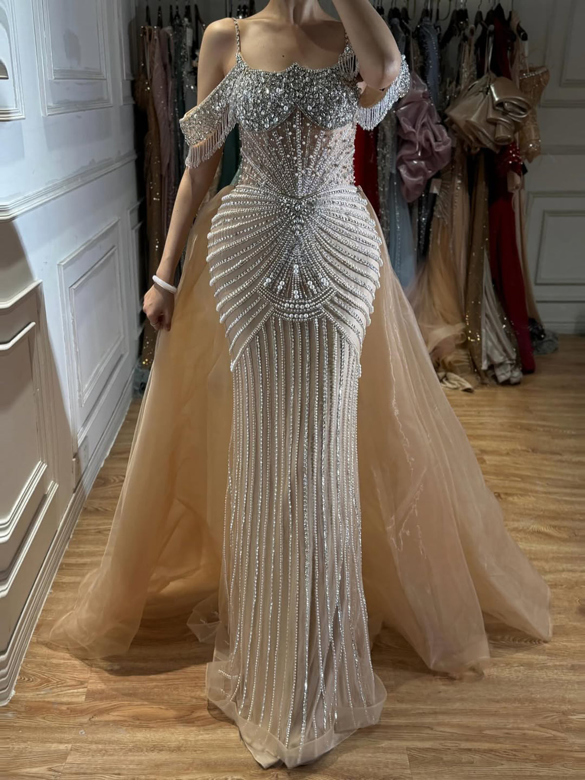 Luxury Nude Pearls Beaded Off Shoulder Mermaid Evening Dress LA73148D