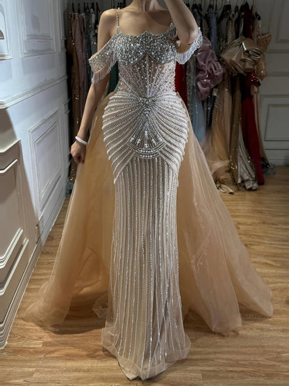Luxury Nude Pearls Beaded Off Shoulder Mermaid Evening Dress LA73148D