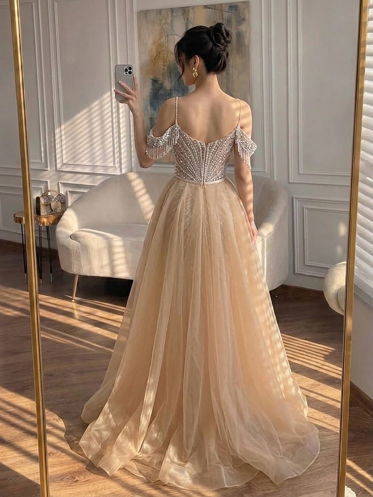 Luxury Nude Pearls Beaded Off Shoulder Mermaid Evening Dress LA73148D