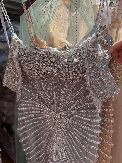 Luxury Nude Crystal Beaded Off Shoulder Mermaid Dress LA73148E