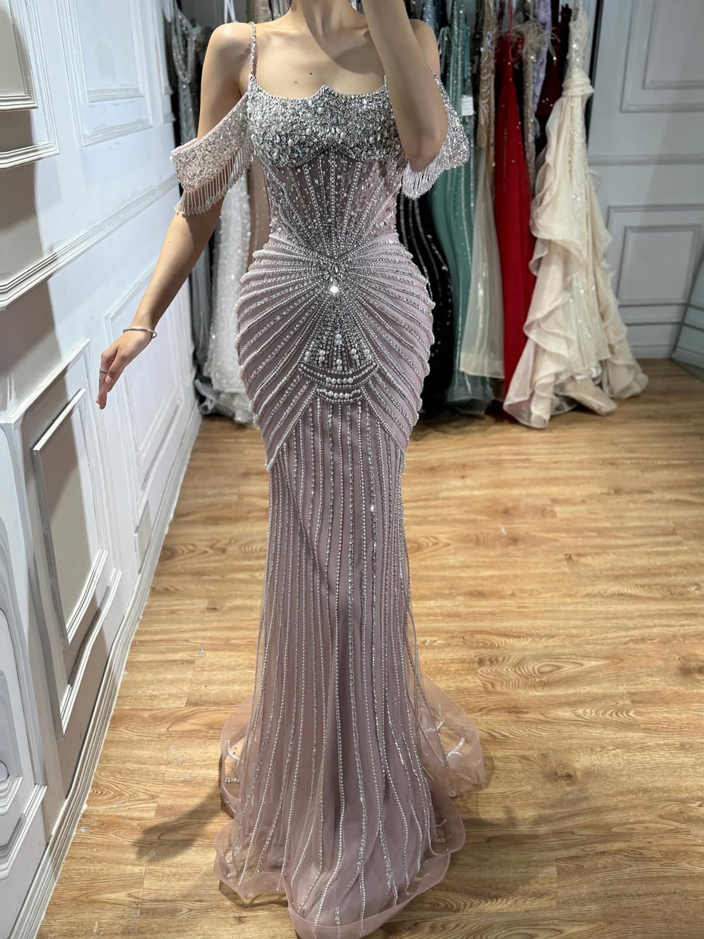 Luxury Nude Crystal Beaded Off Shoulder Mermaid Dress LA73148E