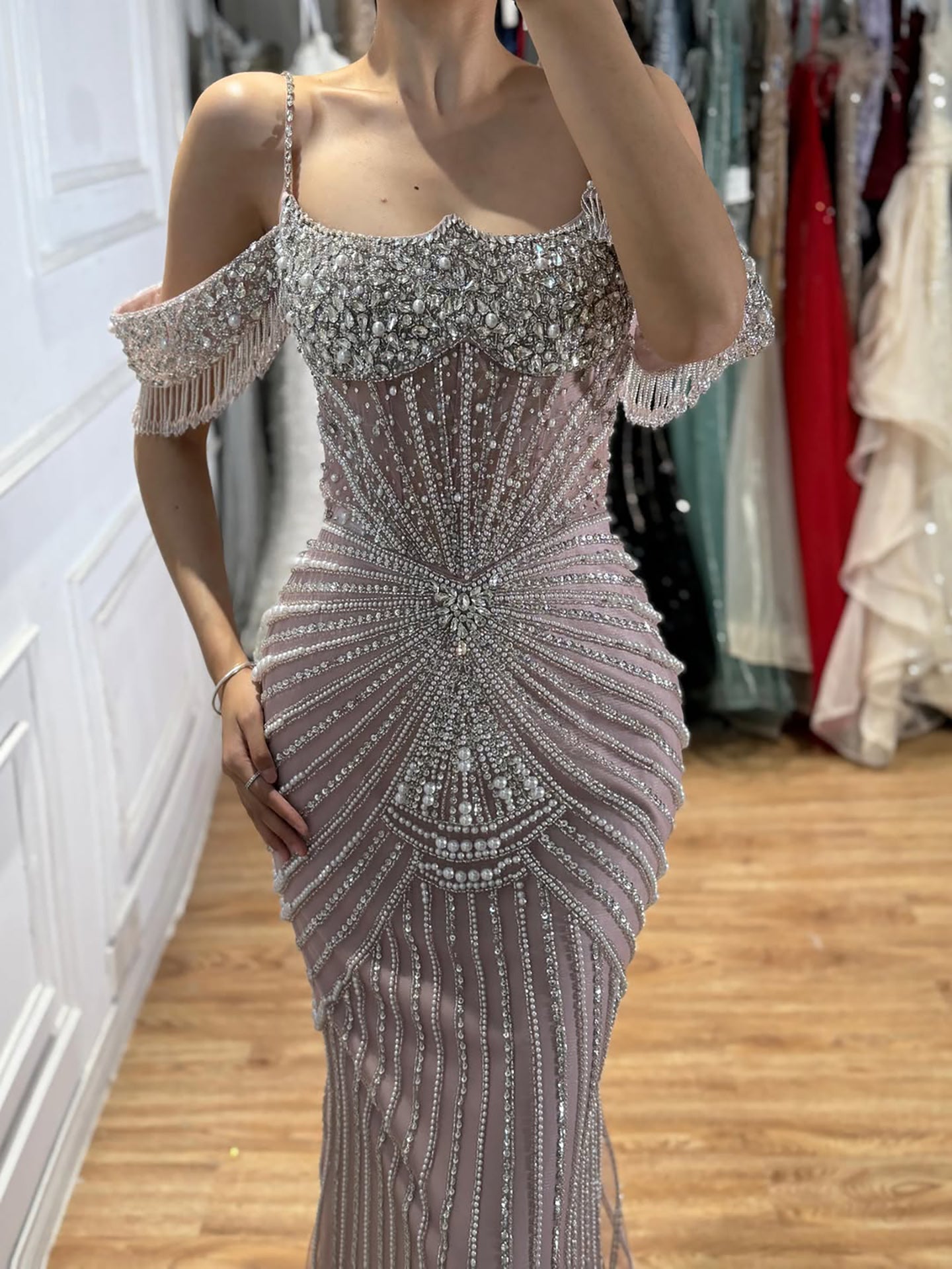 Luxury Nude Crystal Beaded Off Shoulder Mermaid Dress LA73148E