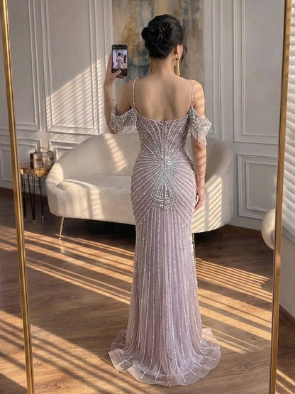 Luxury Nude Crystal Beaded Off Shoulder Mermaid Dress LA73148E