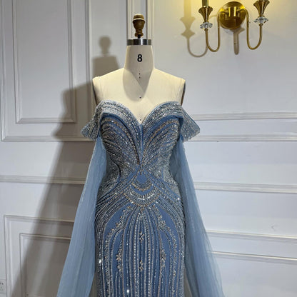 Luxury Blue Beaded Cape Sleeve Saudi Arabic Evening Dress LA73151