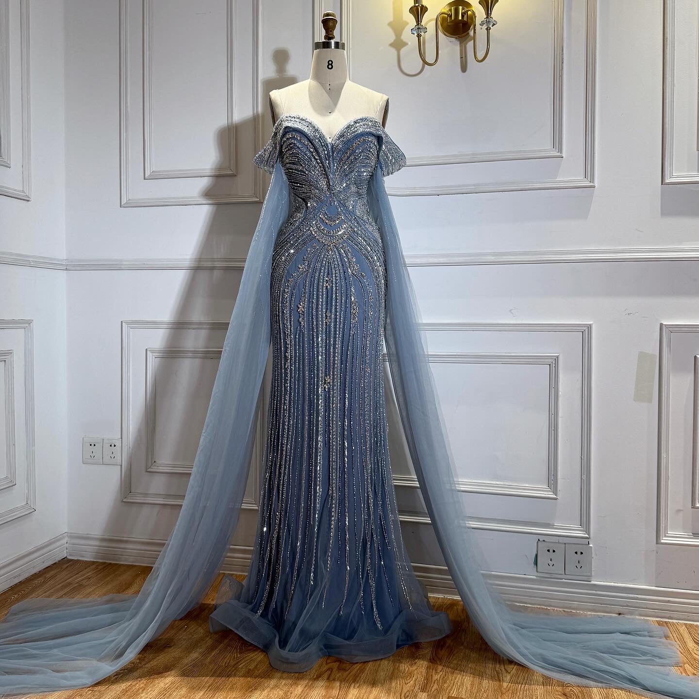 Luxury Blue Beaded Cape Sleeve Saudi Arabic Evening Dress LA73151