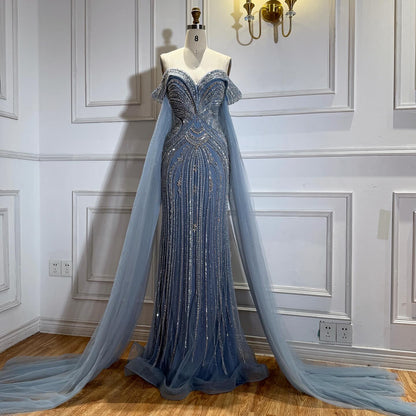 Luxury Blue Beaded Cape Sleeve Saudi Arabic Evening Dress LA73151