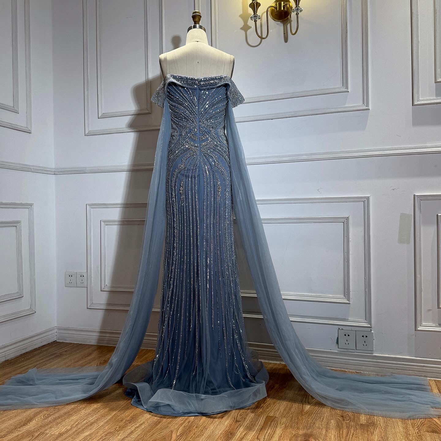 Luxury Blue Beaded Cape Sleeve Saudi Arabic Evening Dress LA73151
