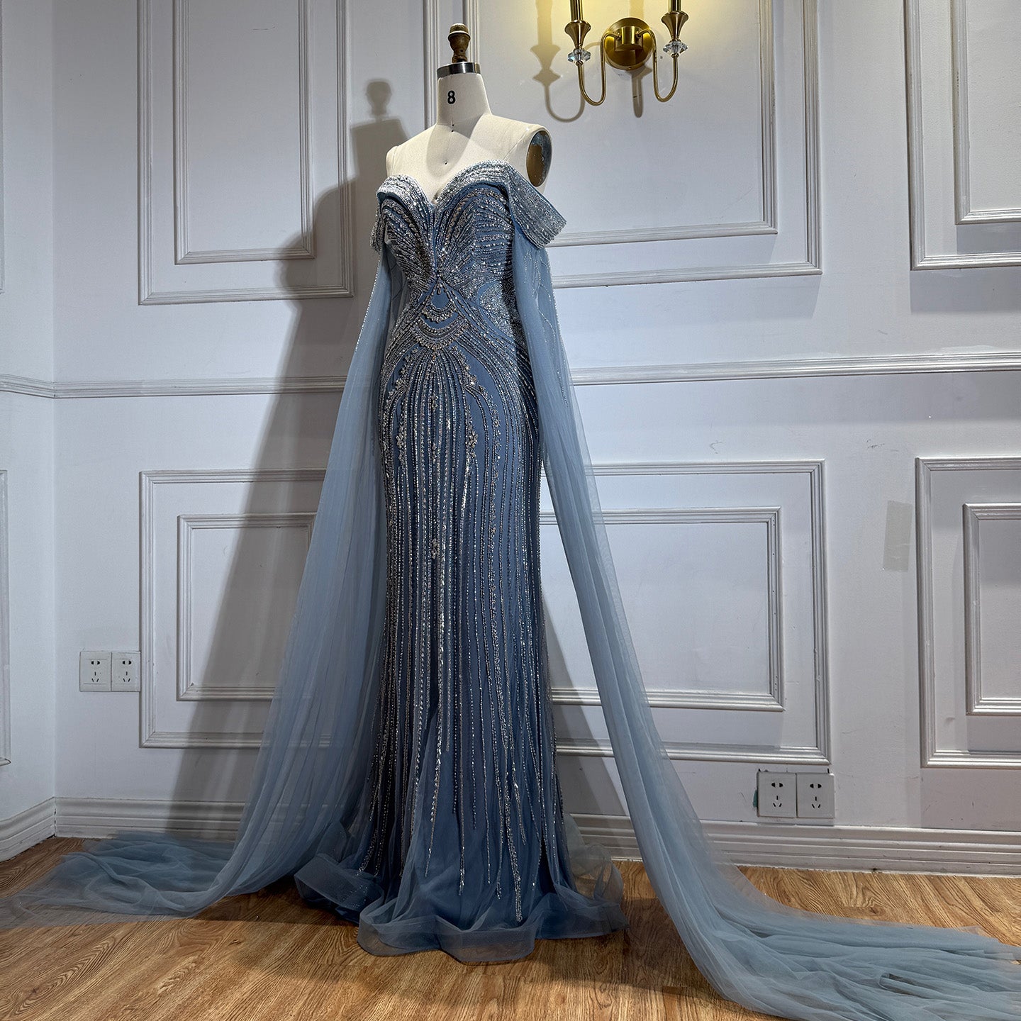 Luxury Blue Beaded Cape Sleeve Saudi Arabic Evening Dress LA73151