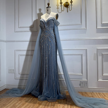 Luxury Blue Beaded Cape Sleeve Saudi Arabic Evening Dress LA73151