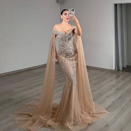 Luxury Blue Beaded Cape Sleeve Saudi Arabic Evening Dress LA73151