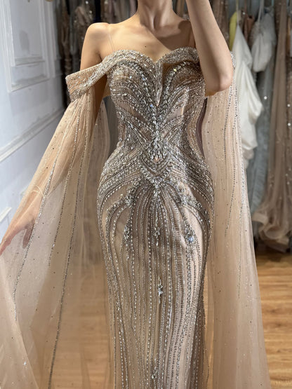 Luxury Pink Beaded Evening Dress with Cape Sleeves LA73151A