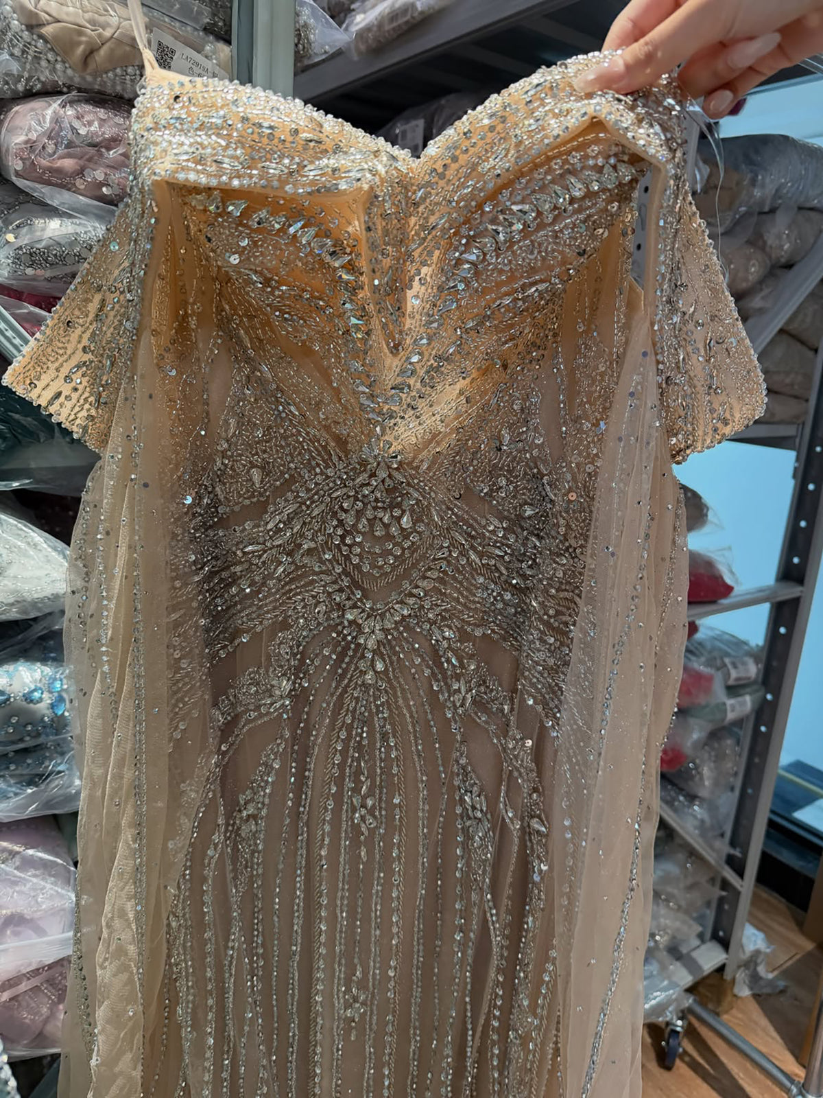 Luxury Pink Beaded Evening Dress with Cape Sleeves LA73151A