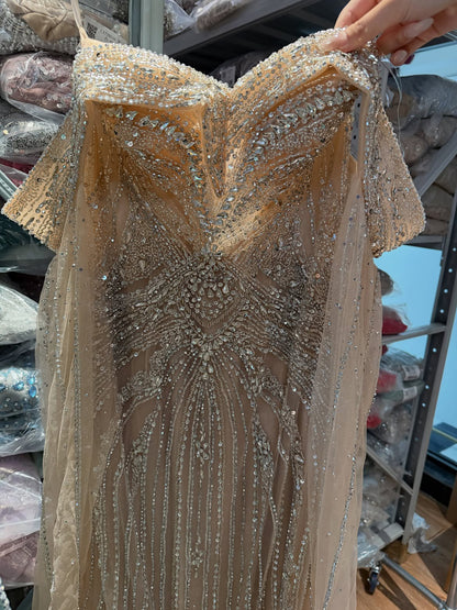 Luxury Pink Beaded Evening Dress with Cape Sleeves LA73151A
