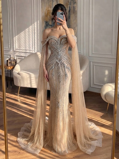 Luxury Pink Beaded Evening Dress with Cape Sleeves LA73151A