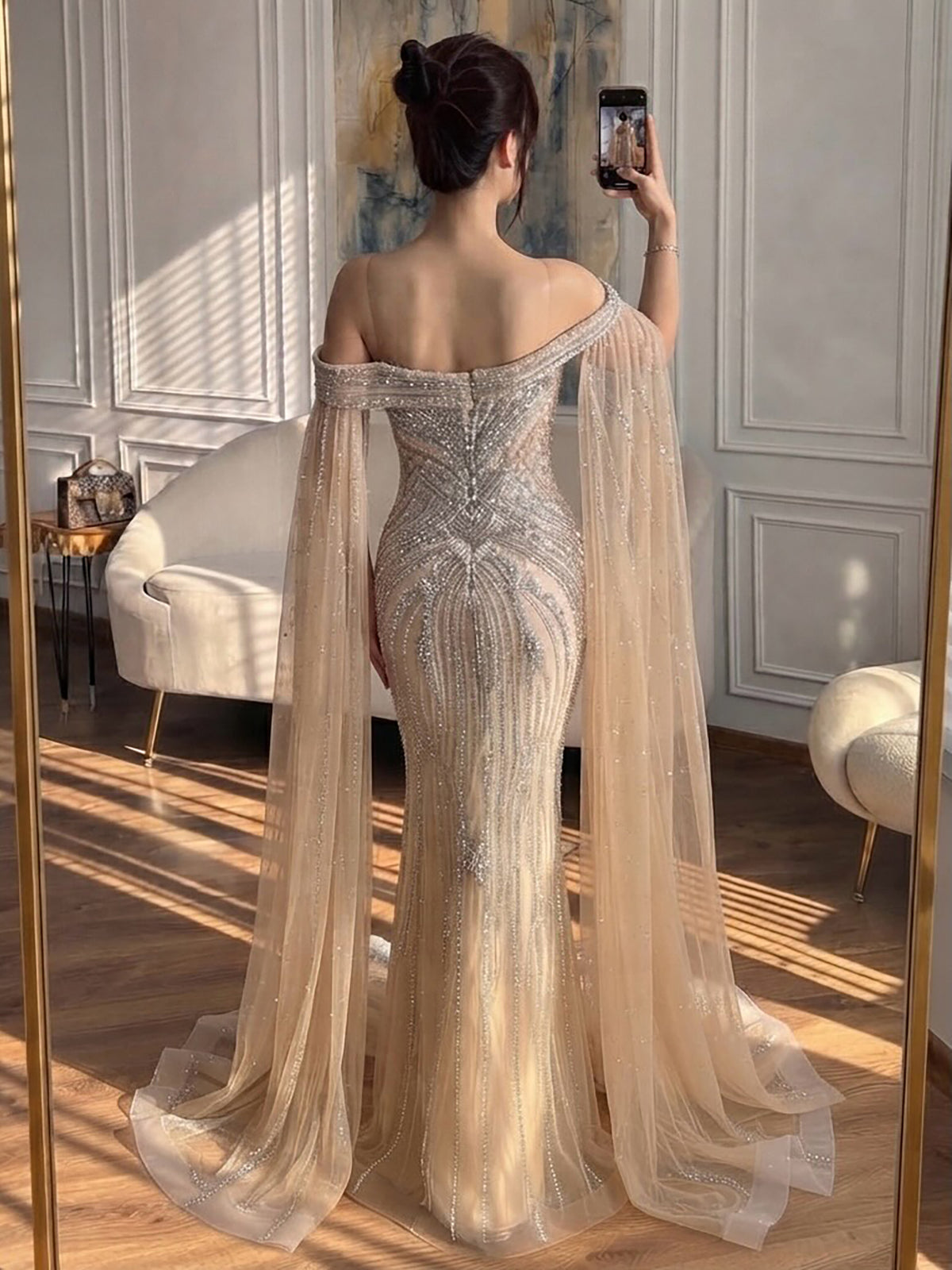 Luxury Pink Beaded Evening Dress with Cape Sleeves LA73151A