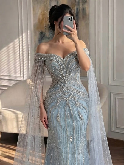 Luxury Pink Beaded Evening Dress with Cape Sleeves LA73151A